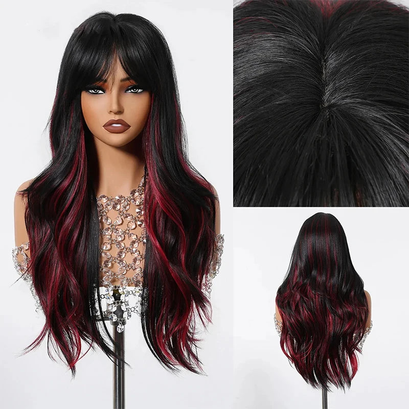 Long Wavy Black Blend Red Wig