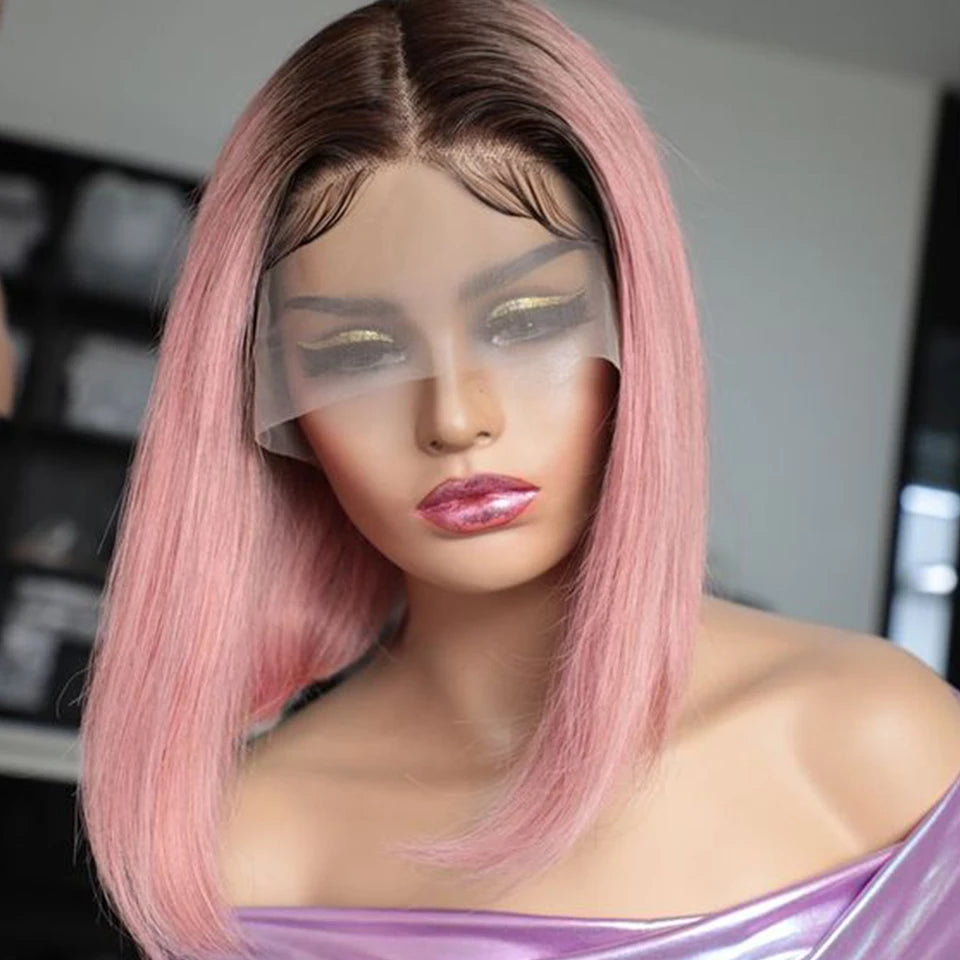 Ombre Pink Bob Wig Straight Lace Front Human Hair