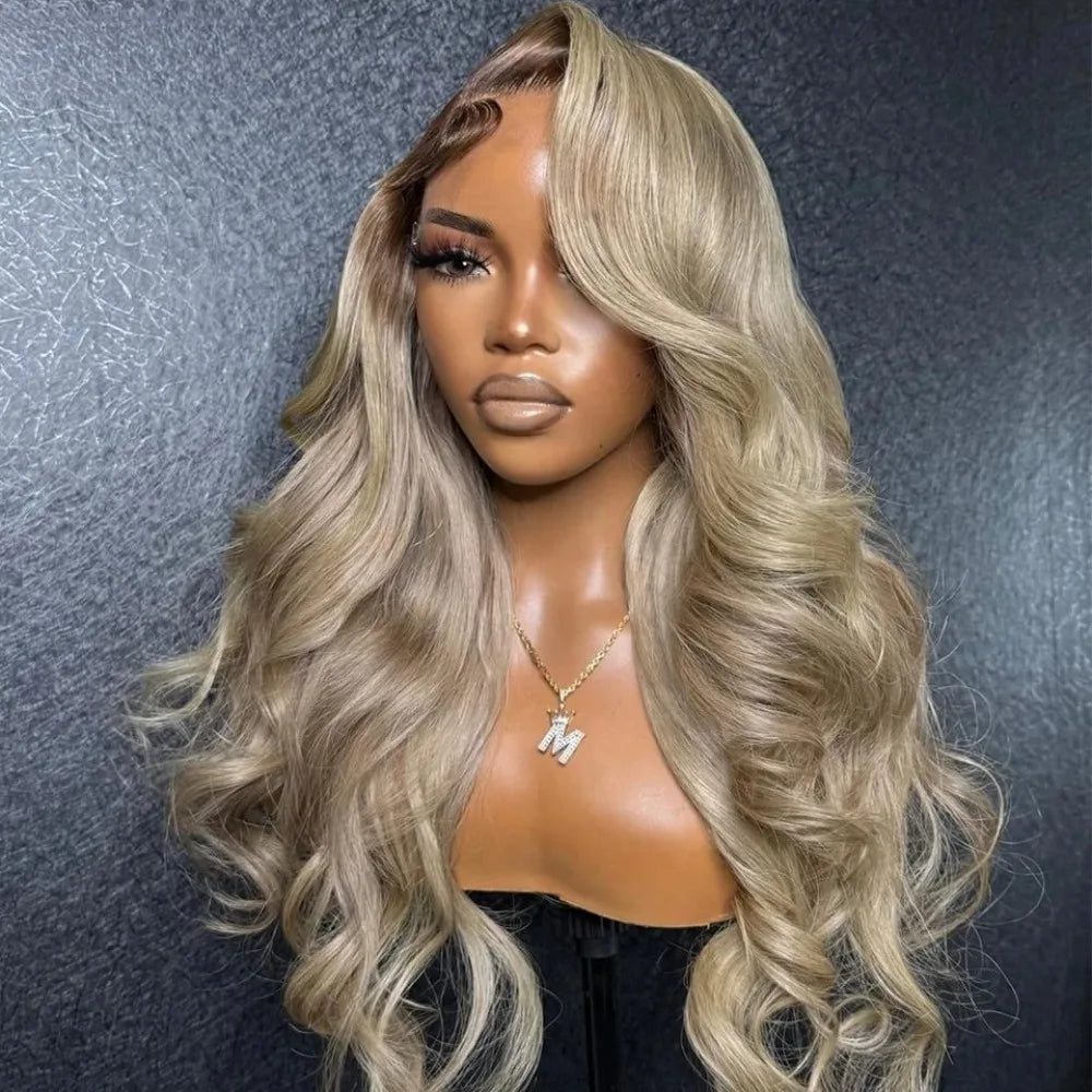 Ombre Ash Blonde With Dark Roots Natural Wave Hair