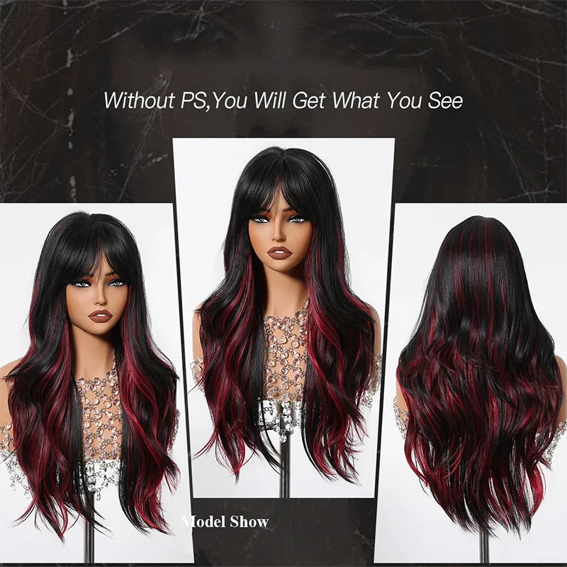 Long Wavy Black Blend Red Wig