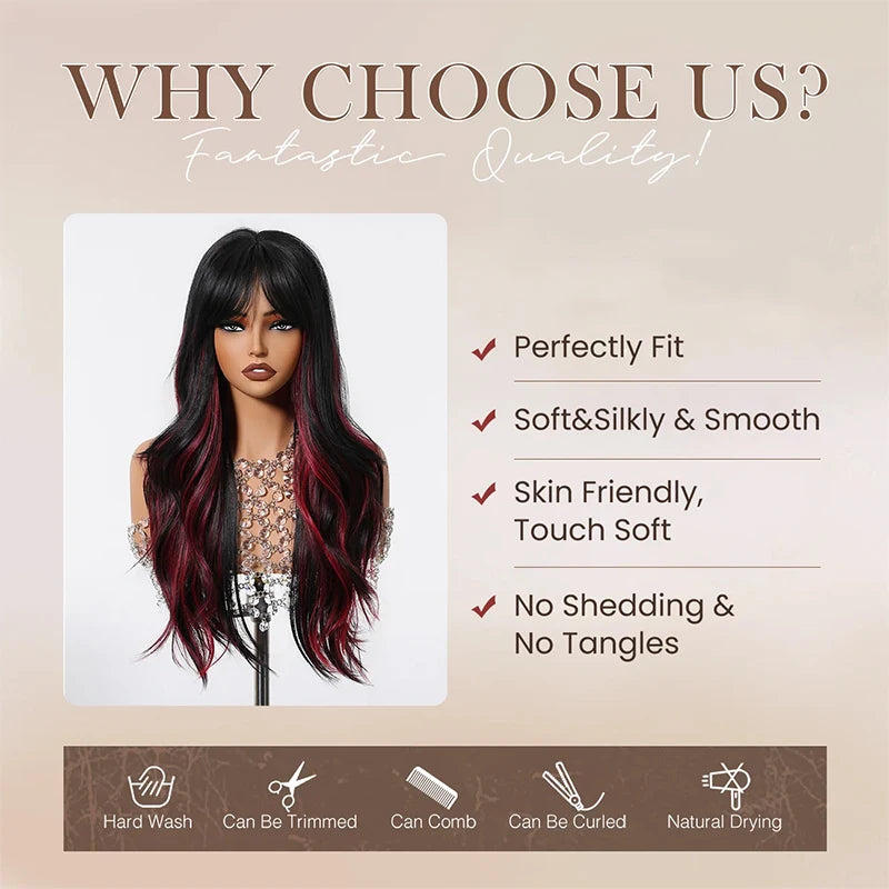 Long Wavy Black Blend Red Wig
