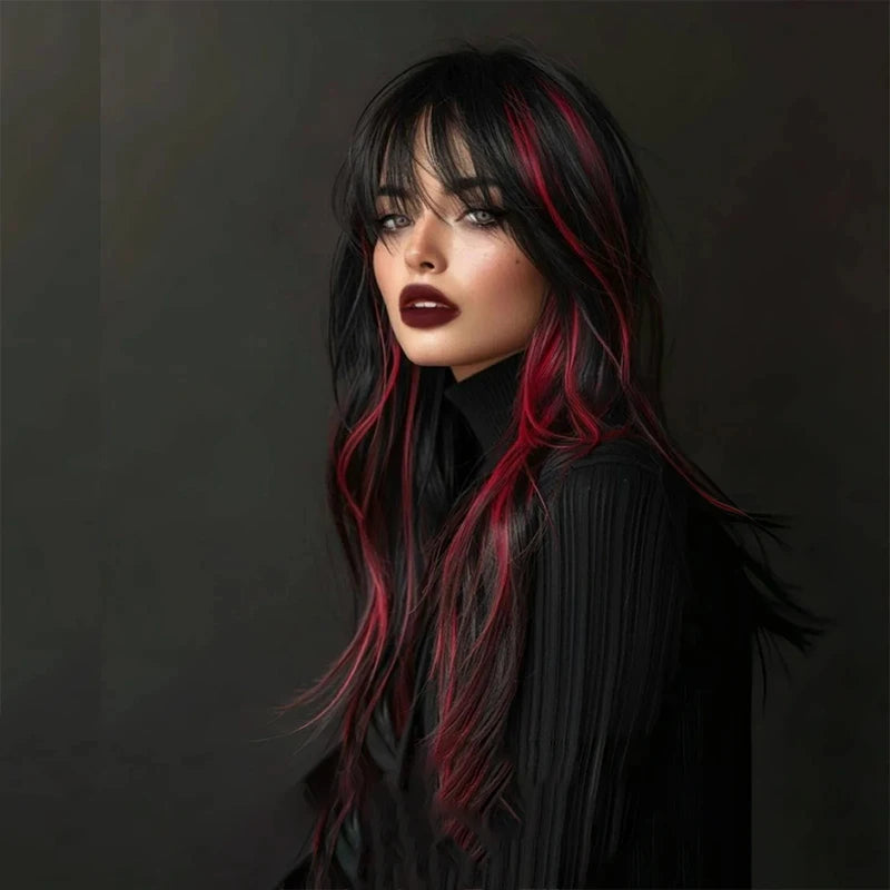 Long Wavy Black Blend Red Wig