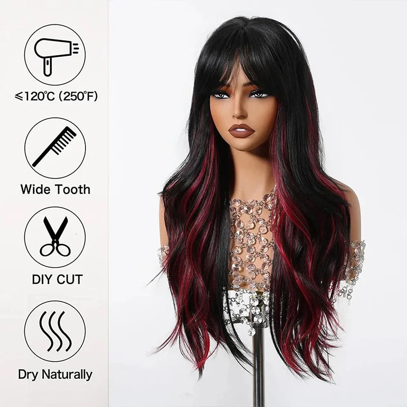 Long Wavy Black Blend Red Wig