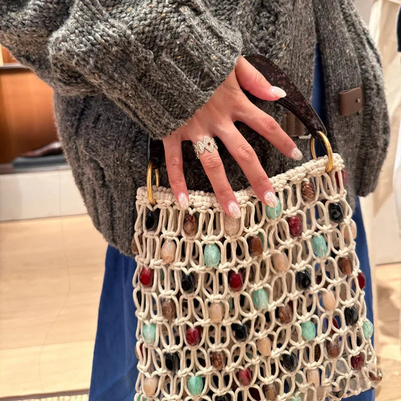 Woven Hollow Beaded Handbag